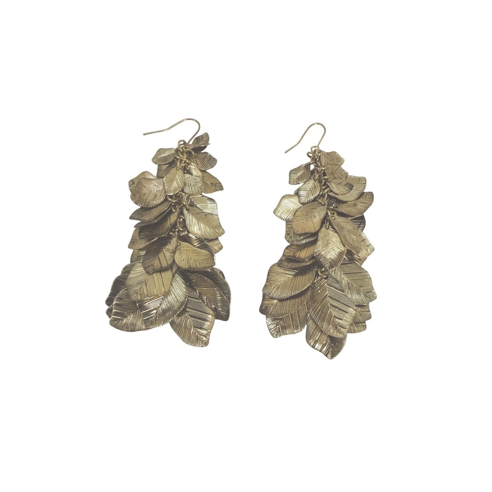 Leaf Dangle Earrings Gold-Tone Excellent Cascading Textured Drop